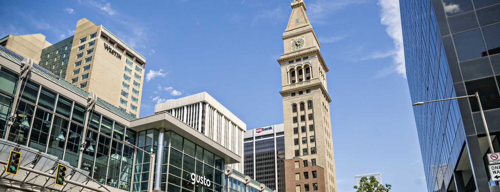 A view of the Daniels & Fisher Tower on the 16th Street pedestrian promenade in Denver, Colorado.
