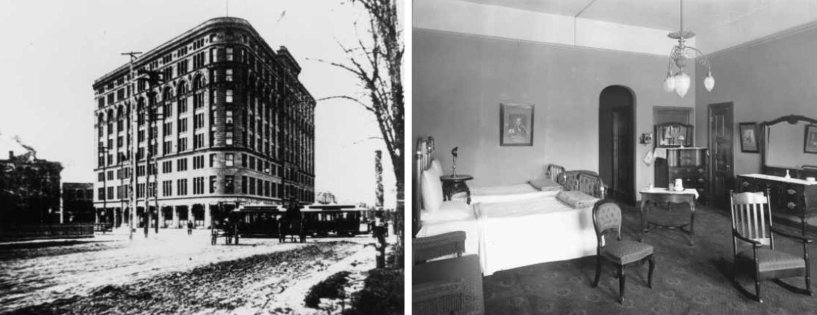 Historical photos of the Brown Palace depict the building exterior and suite