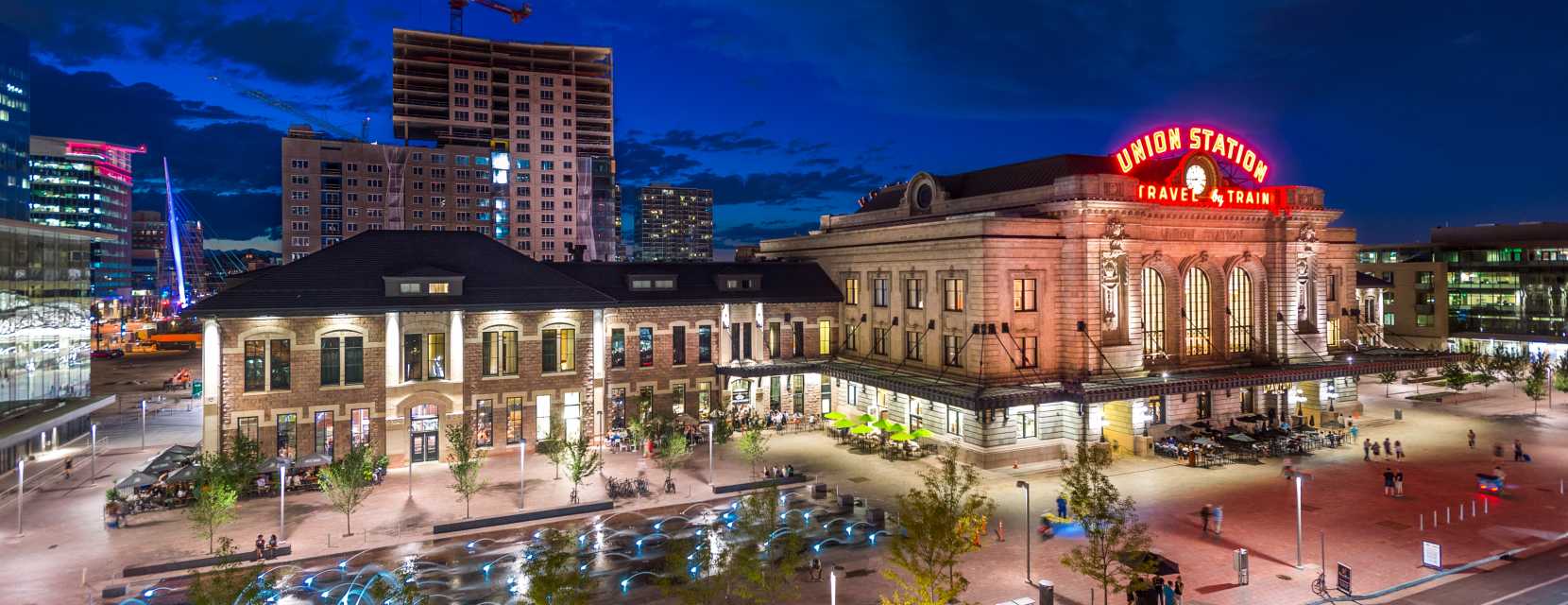 Denver Union Station all lit up at dusk