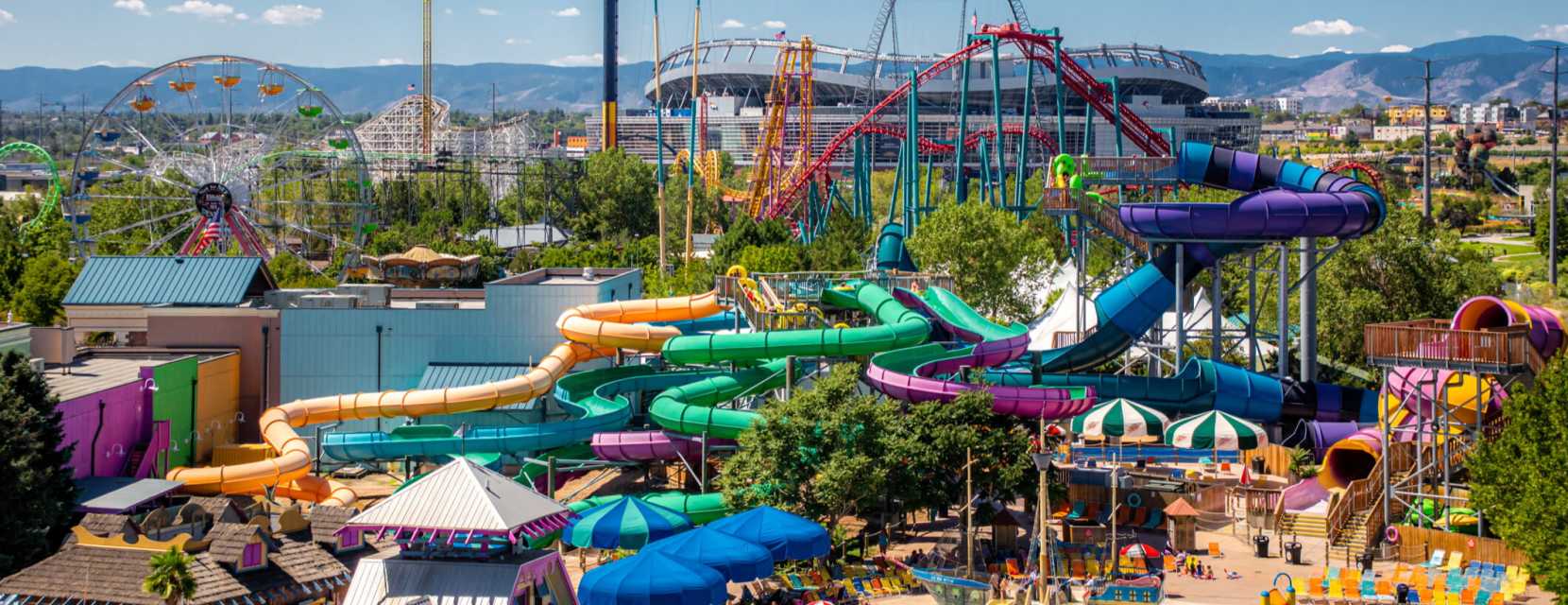 Aerial view of Elitch Gardens water park on a sunny summer day