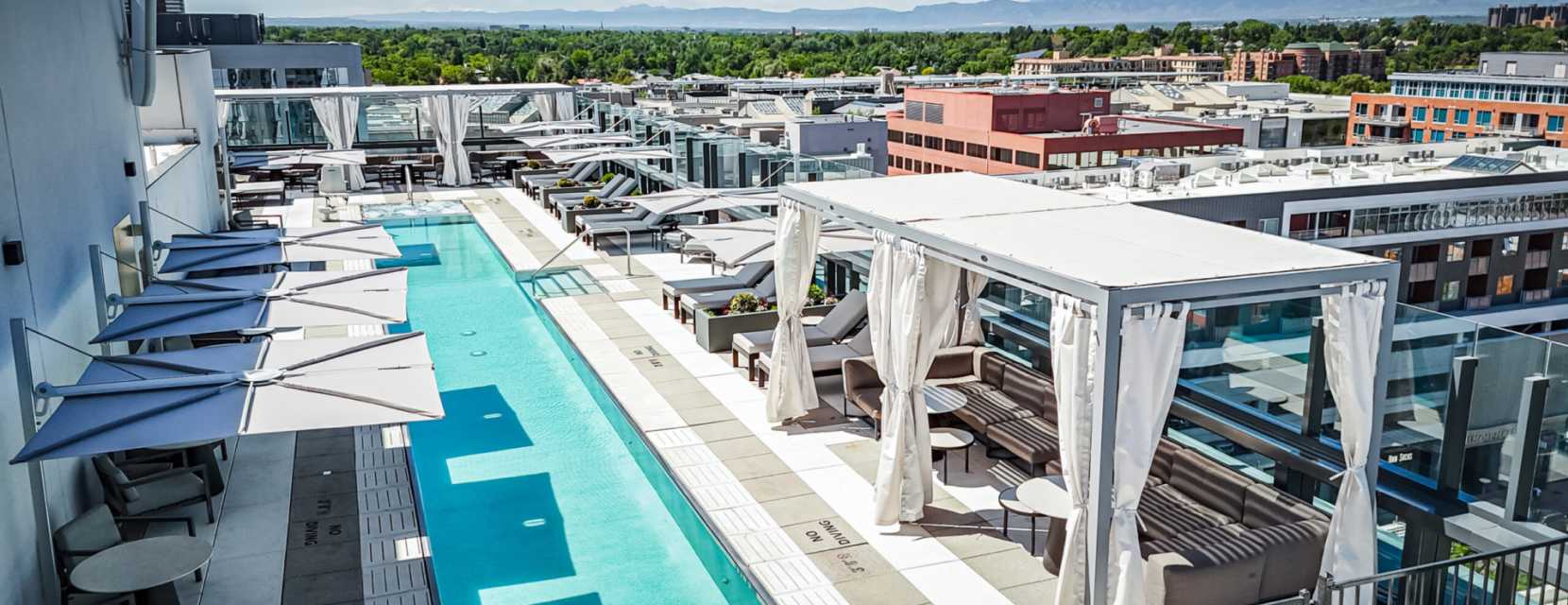 Aerial view of the rooftop pool at the Jacquard Hotel in Denver's Cherry Creek.