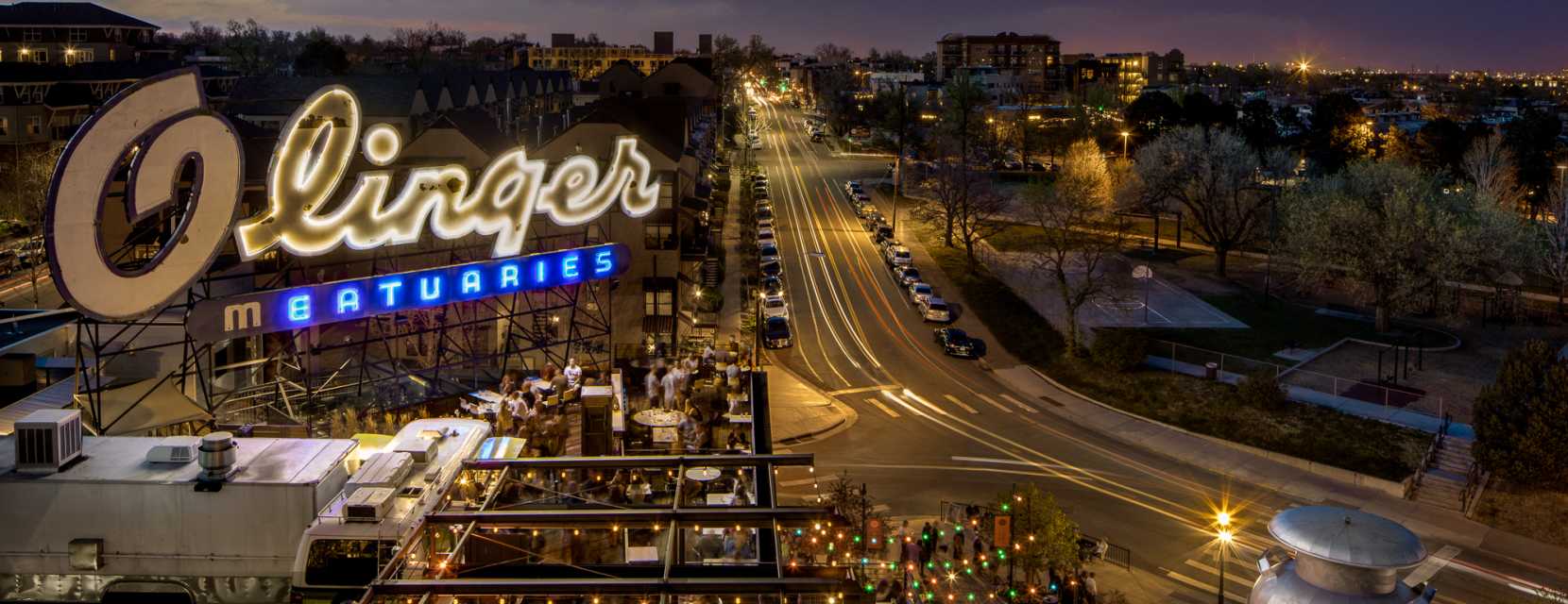 An aerial view of Linger's outdoor area in the early evening in Denver, Colorado.