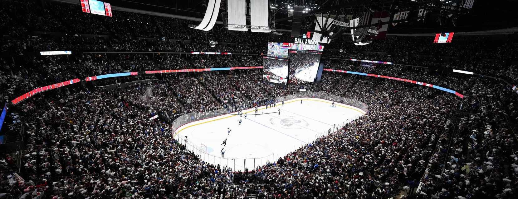Ball Arena hockey game view from above, with a packed crowd of fans