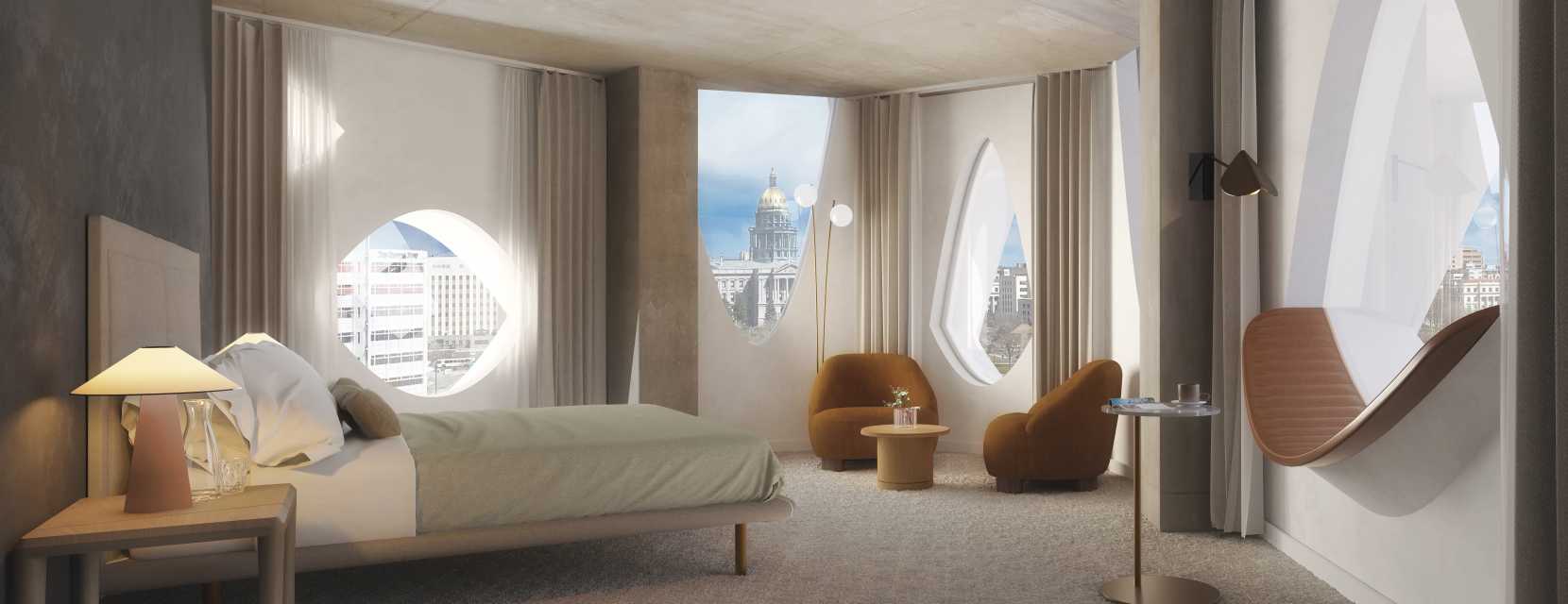 Interior of a suite with a Capitol view at the Populus hotel in Denver, Colorado.