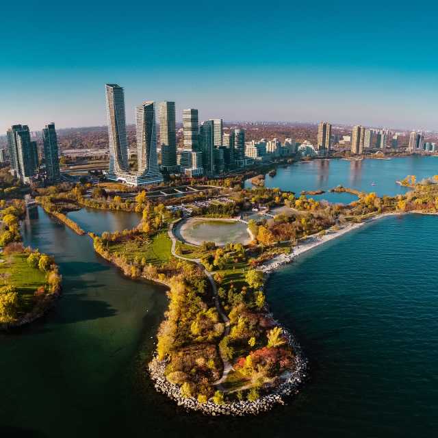 Aerial view of Humber Bay Park, on the shore of Lake Ontario
