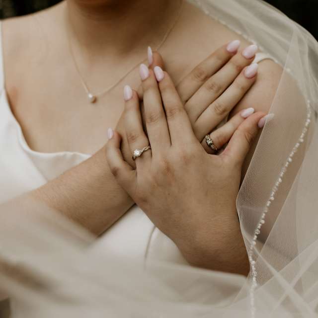 Picture of hands clasping over a shoulder. The hands have a wedding ring and the person is in wedding dress