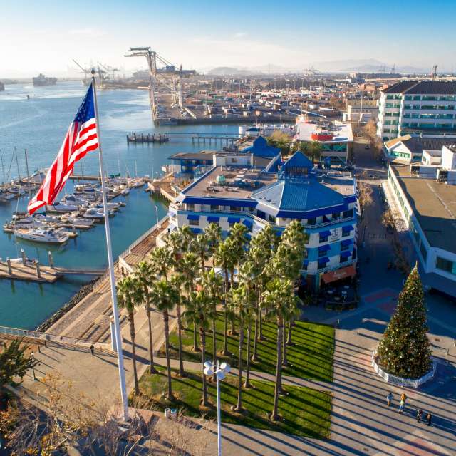 Jack London Square and cranes aerial