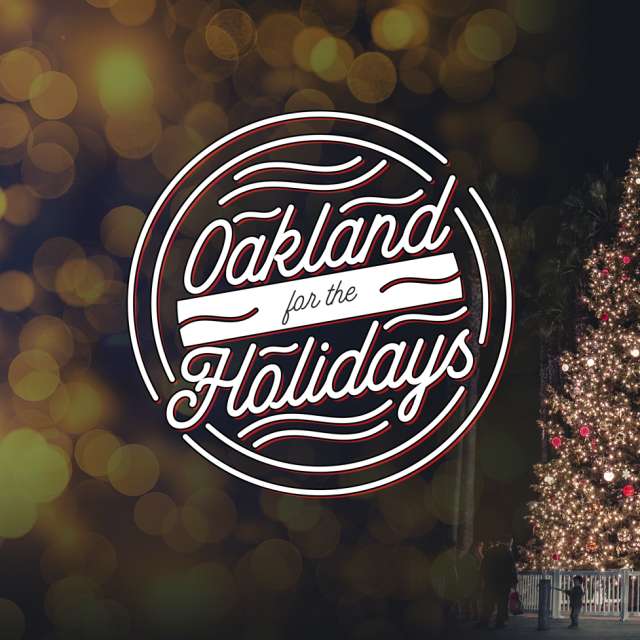 Oakland for the Holidays logo next to a lit up Christmas tree