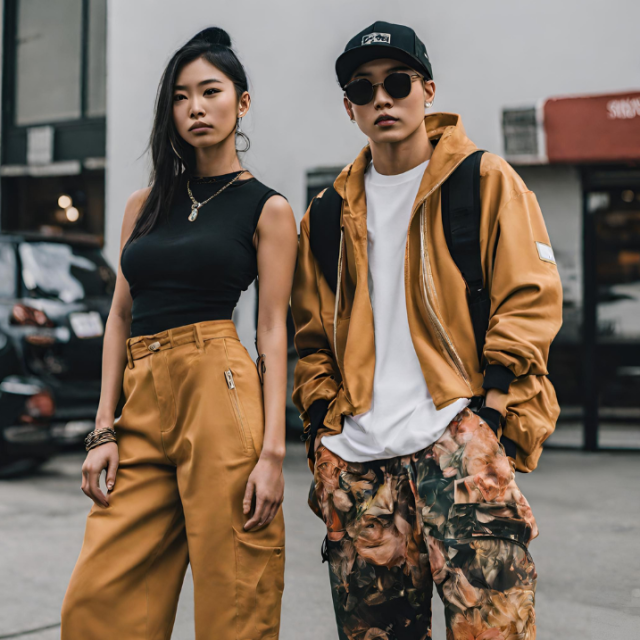 Two stylish people posing outside in the street