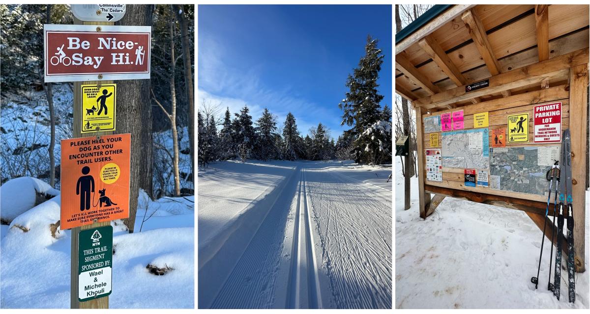 Sign that says "Be Nice. Say hi," on groomed XC ski trails in Marquette, MI