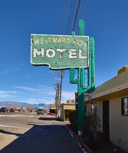 Neon sign at Westward Ho! Motel.