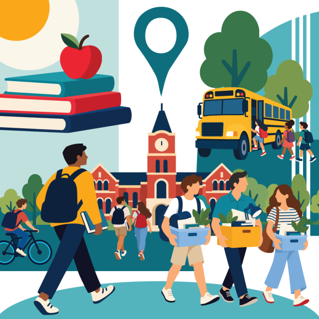 illustration of students walking on campus, a stack of books with an apple on top, and kids getting on a school bus