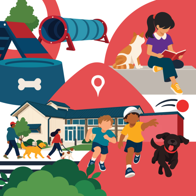 an illustration of kids playing with their pets and people walking by the Edmond Animal Shelter