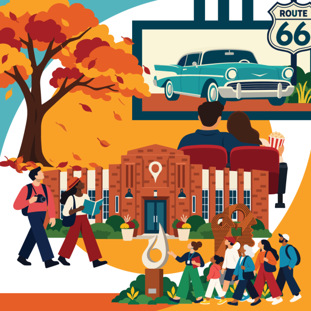 an illustration of things that represent Edmond culture, including the Edmond History Museum, public art, and a Route 66 shield