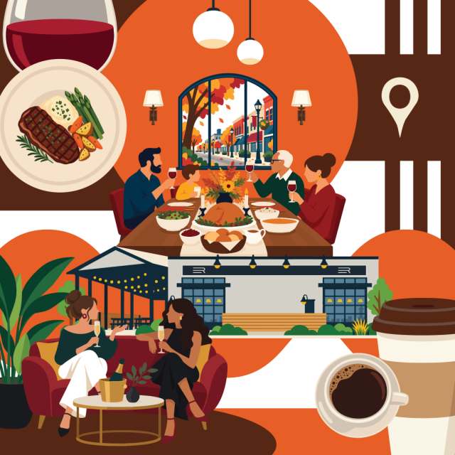 an illustration of people eating at a dinner table and two women chatting while having a drink