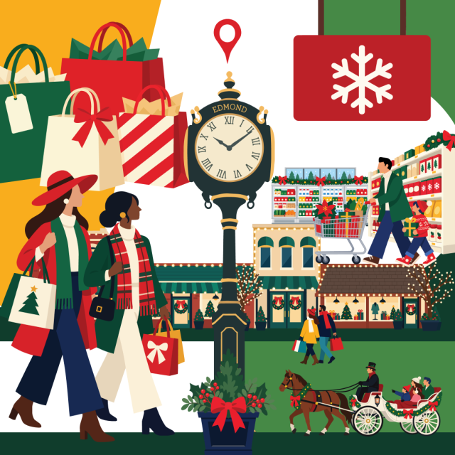 an illustration of holiday themed items and environments including Downtown Edmond and the inside of a supermarket