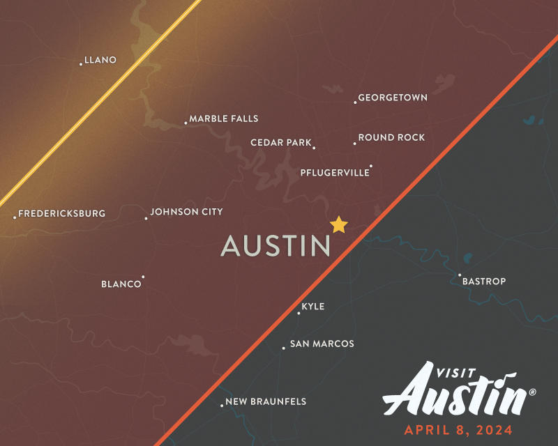 Map of Austin and surrounding Texas Hill Country in the path of totality for the 2024 total solar eclipse.