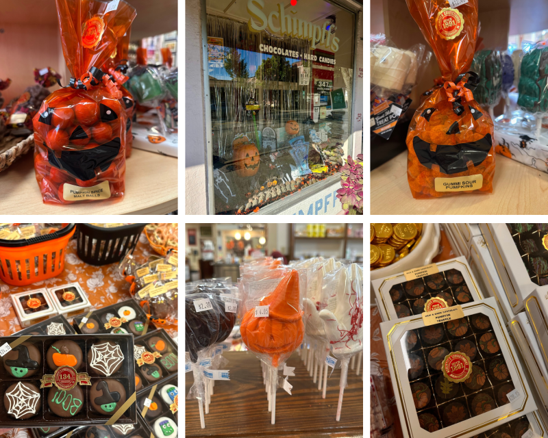 A collage of Halloween-themed treats from Schimpff’s Confectionery. Top left: a bag of pumpkin spice malt balls in orange jack-o’-lantern packaging. Top middle: Schimpff’s shop window decorated with pumpkins, candy displays, and fall décor. Top right: a bag of gummi sour pumpkins in matching jack-o’-lantern packaging. Bottom left: baskets of assorted candies with a tray of Halloween chocolates decorated with designs like pumpkins, witches’ hats, and spiderwebs. Bottom middle: seasonal lollipops shaped like pumpkins, witches, and ghosts. Bottom right: boxes of assorted chocolates with autumn leaf and pumpkin designs.