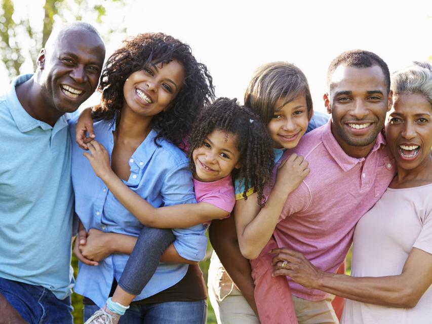 Family reunion, mom and dad with adult children and grandchildren
