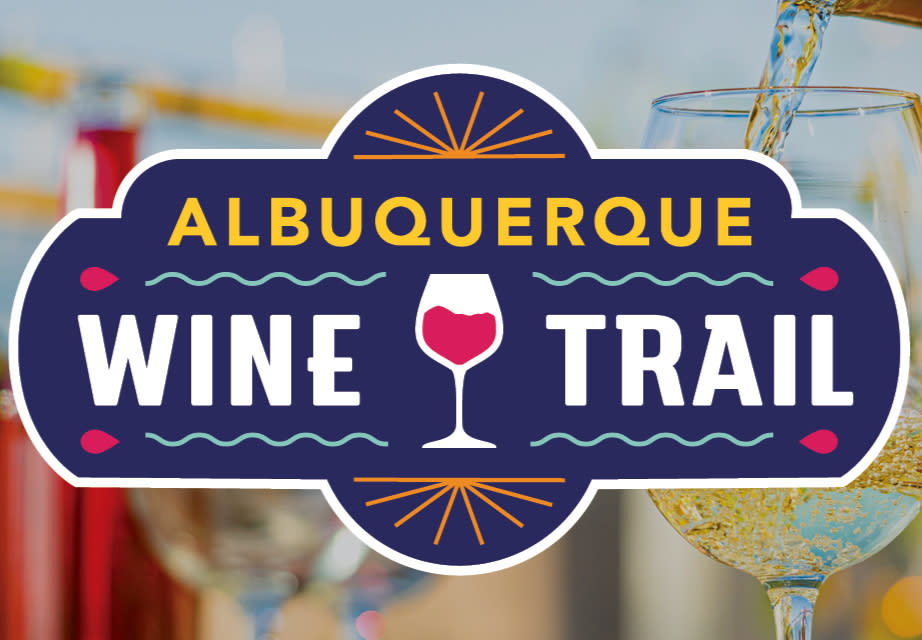 The logo for the Albuquerque Wine Trail on a photo of wine being poured.
