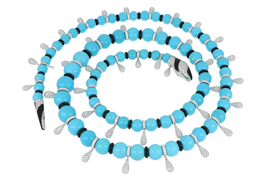 Bulgari Serpenti high-jewelry necklace in 18K white gold with 77 turquoise beads, onyx, emerald, and diamond, price on request,