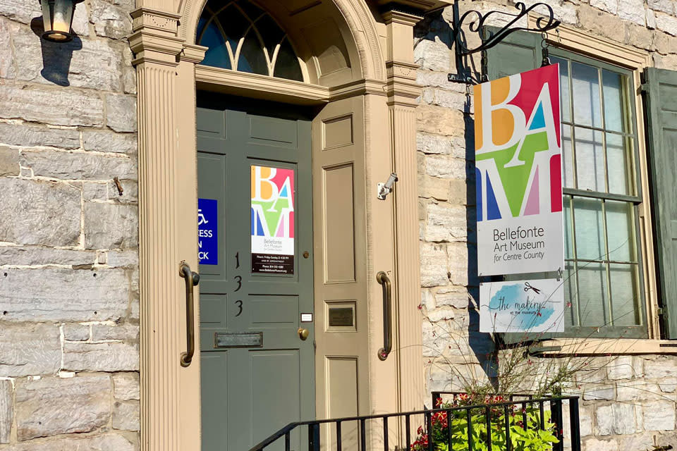 Bellefonte art museum building with a sign on the door