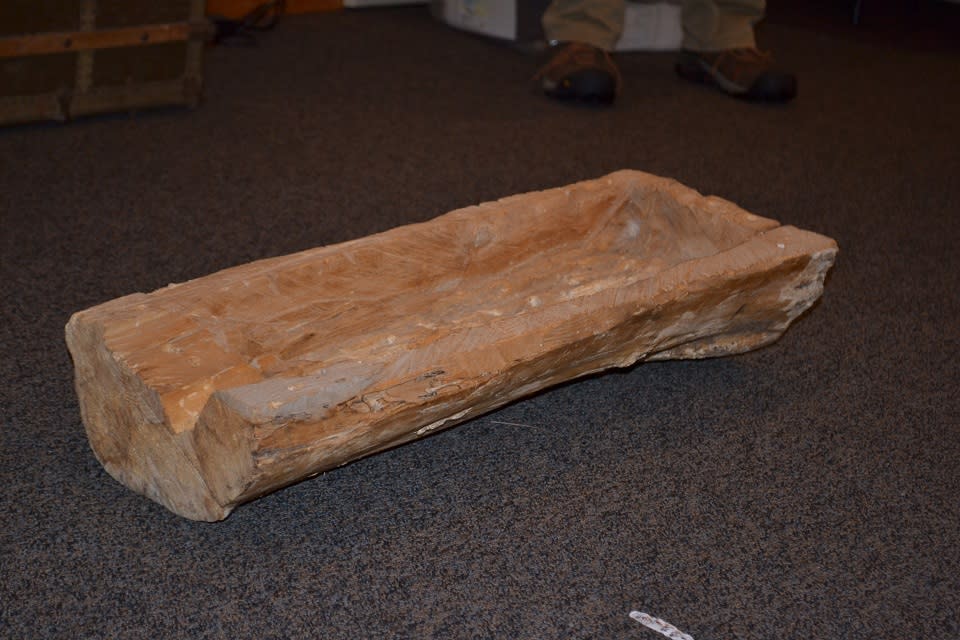 A muckock or original wooden bucket used to collect sap at Up Yonda Farm