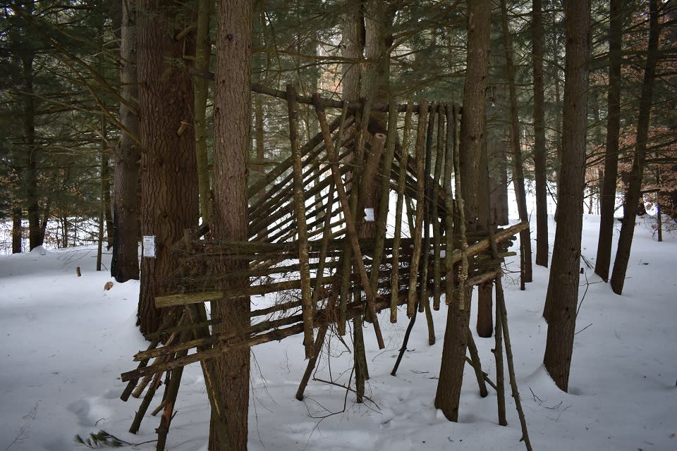 Twig and branch made Shelter at the Chester Creek Trails in winter