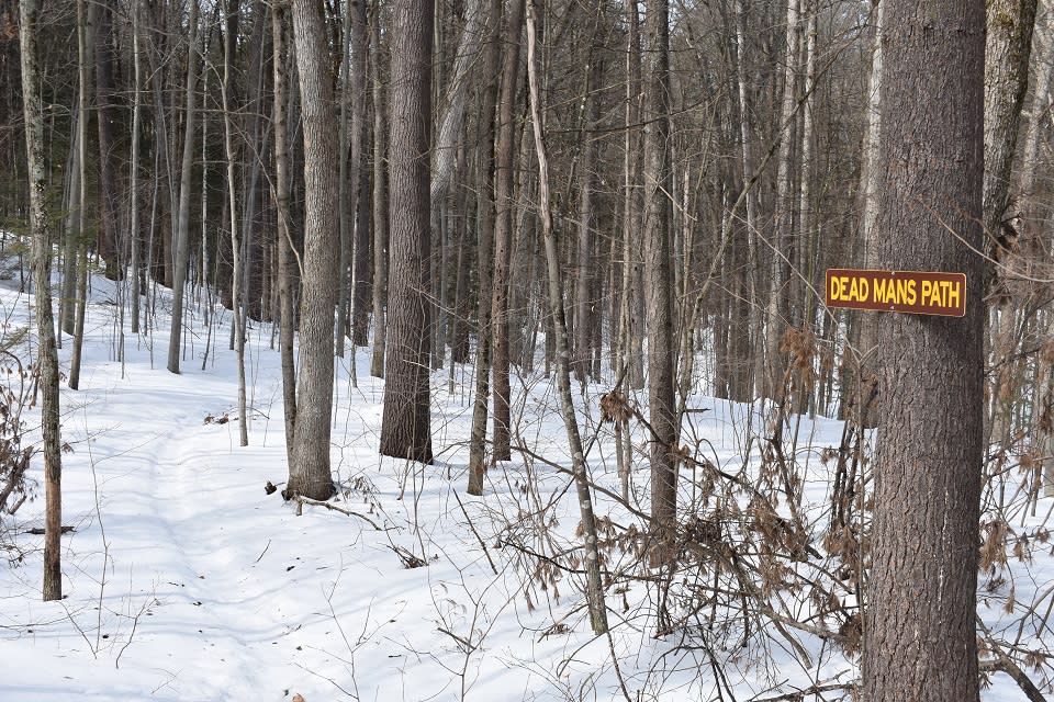 Dead Man's Path trail sign at the Sullivan Preserve trails in winter