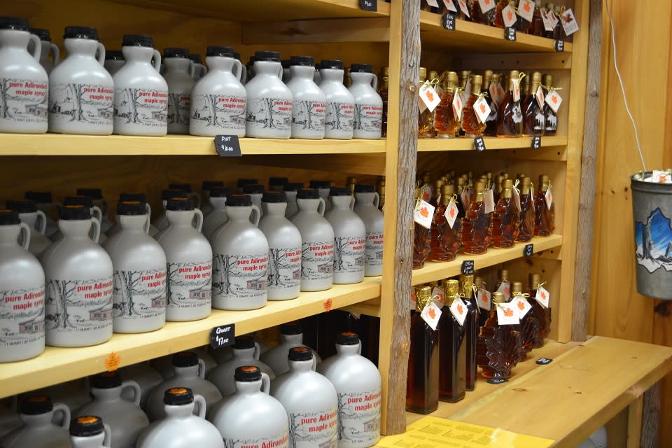 Toad Hill Maple Farm shop with various bottles of maple syrup on shelves