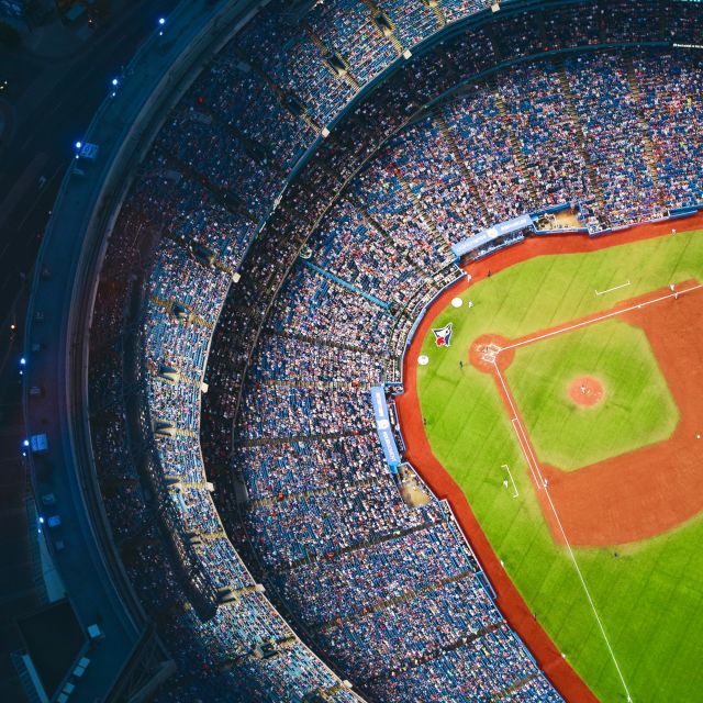 An aerial view of the Blue Jays baseball diamond at Rogers Centre with the dome roof open