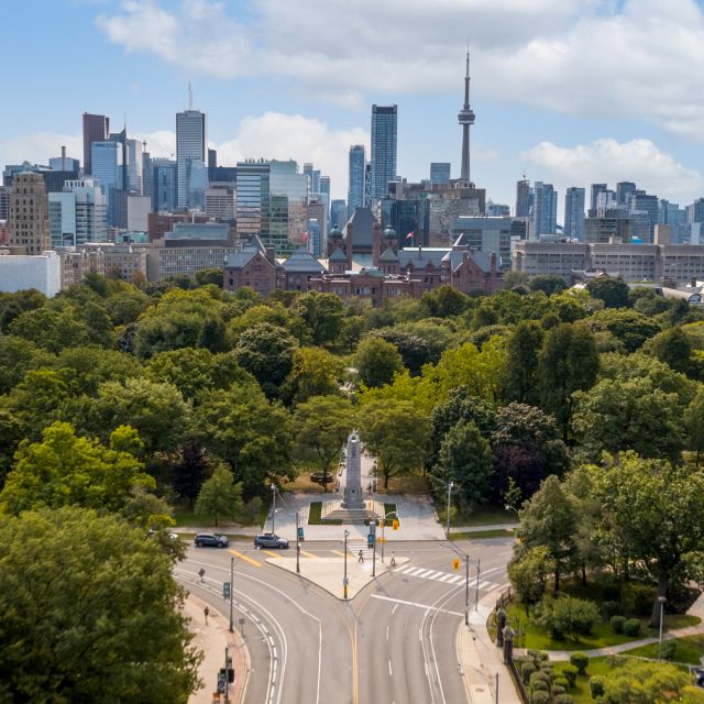 Aerial view of Queens Park and the Toronto skyline looking south from midtown.