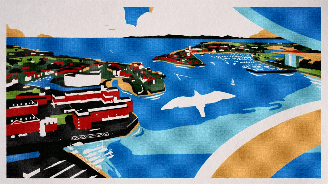 Retro postcard-style image of the view from the Spinnaker Tower
