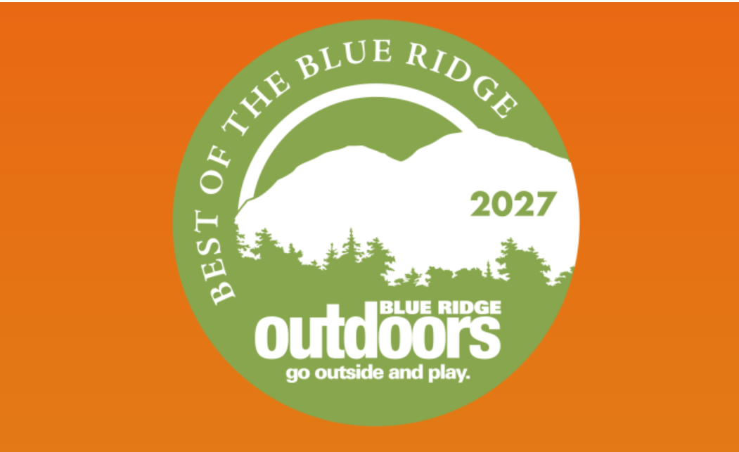 Circular green and white Best of the Blue Ridge Outdoors 2027 graphic featuring mountain silhouettes, a forest treeline, and the tagline “Go Outside and Play” against an orange background.