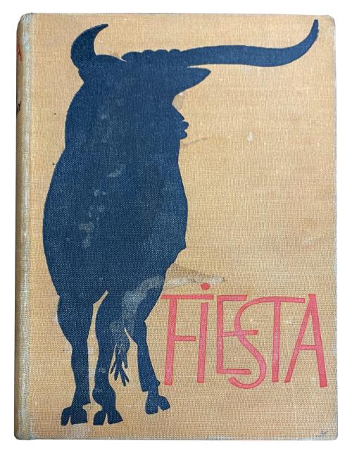 Cover of book "Fiesta" by Ernest Hemingway with bull on cover.