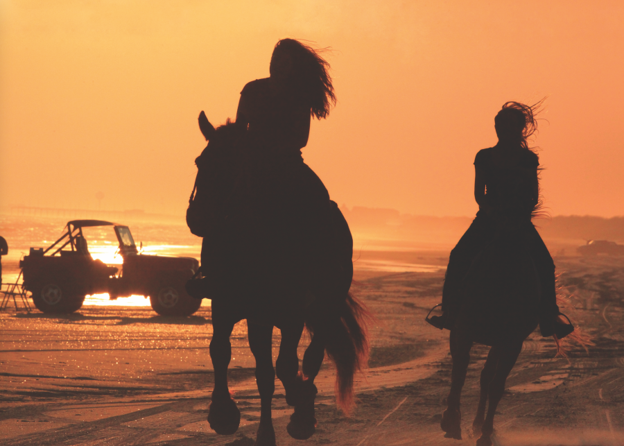 People riding horses on the beach at sunset