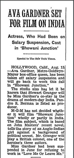Bhowani Junction Article Clipping from New York Times