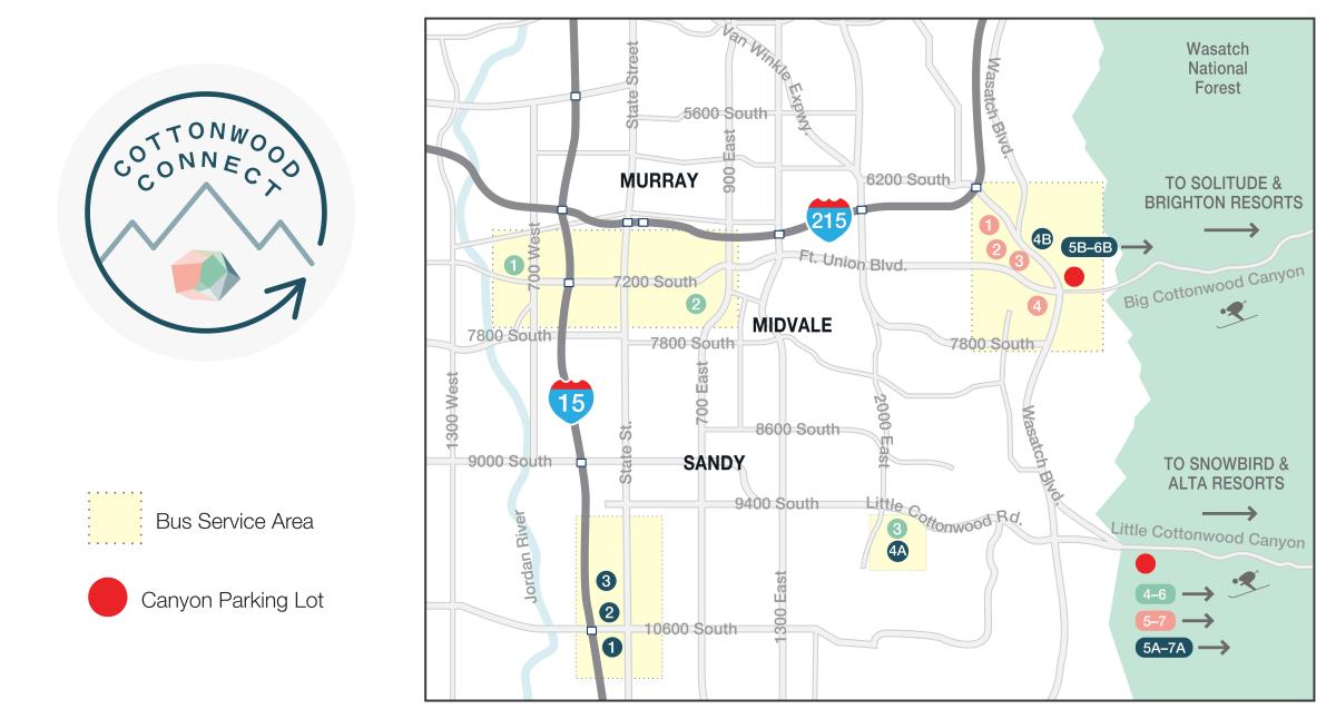 Map of Salt Lake near the cottonwood canyons showing Murray, Midvale, Sandy and the Cottonwood Connect stops