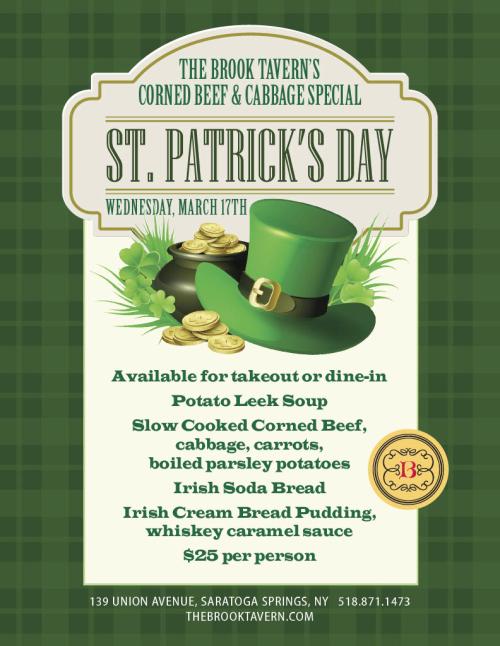 The Brook Tavern St. Patrick's Day Menu