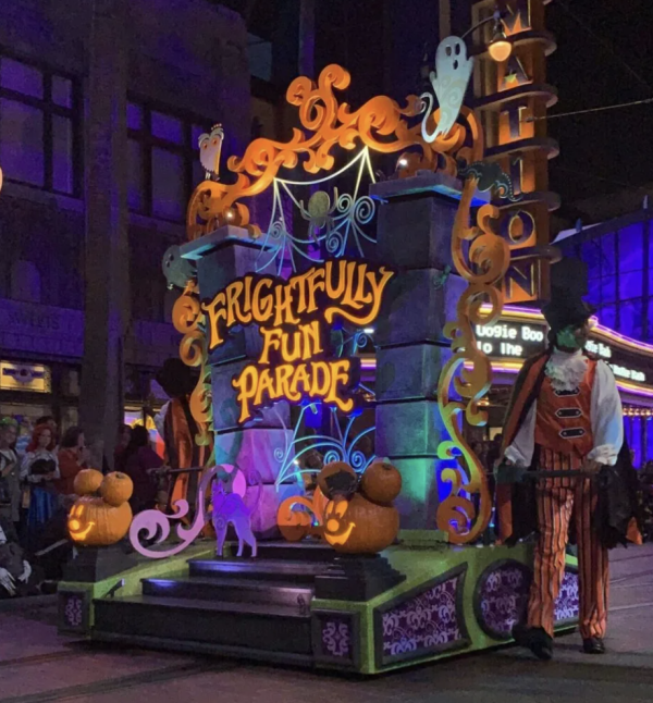 Image of a Halloween-themed parade float traveling down Sunset Blvd. in Disney California Adventure's Hollywood Land.