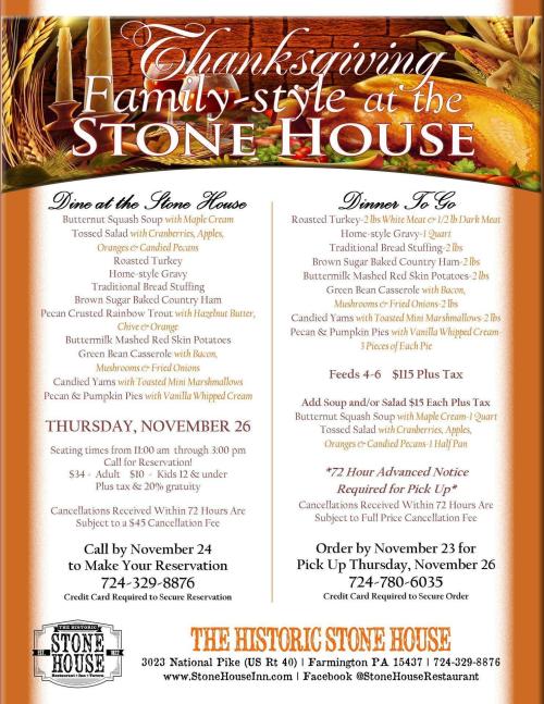 Stone House Thanksgiving menu