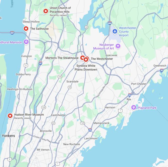 A map of Westchester showing the points of interest on the Classic Westchester itinerary.