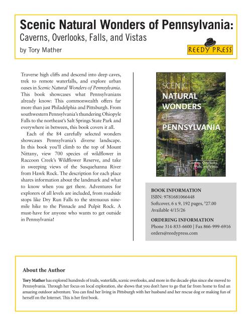 informational graphic about Tory Mather's book, "Scenic Natural Wonders of PA"