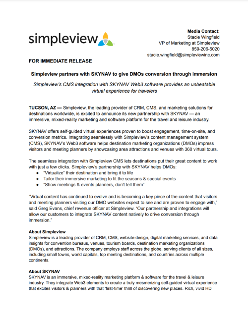 SKYNAV Partner Press Release | Simpleview