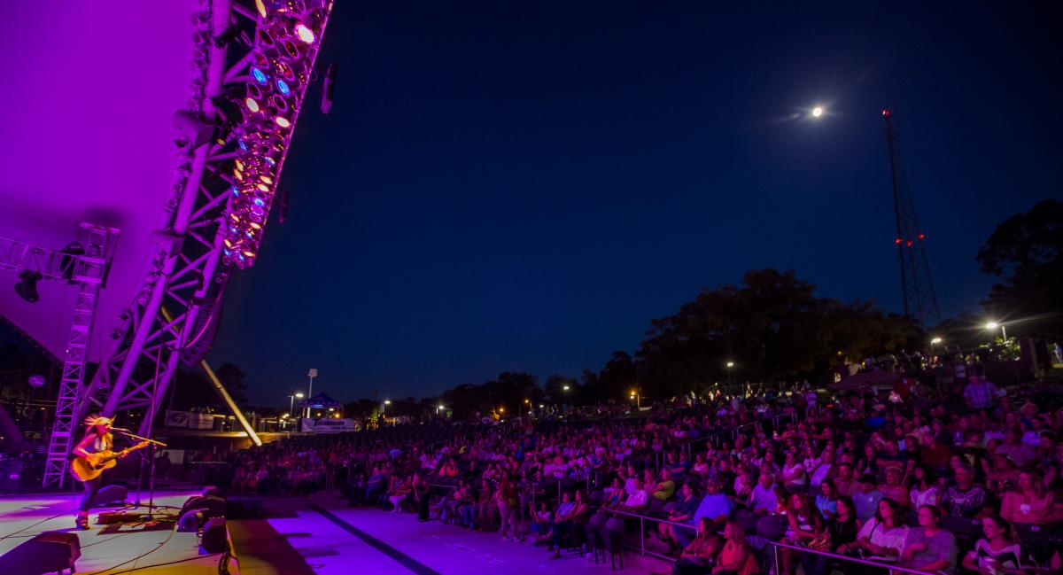 Stage light & moonlight meld during concert at Capital City Amphitheater, Cascades Park, downtown Tallahassee