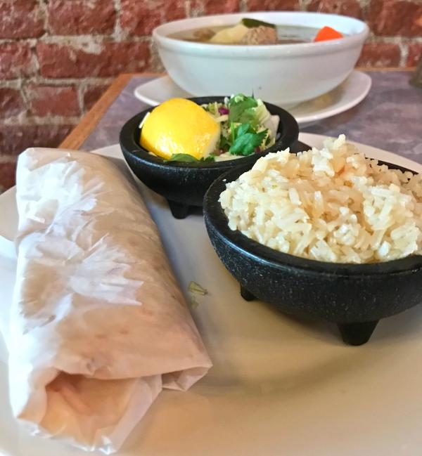 Rice, tortilla, soup