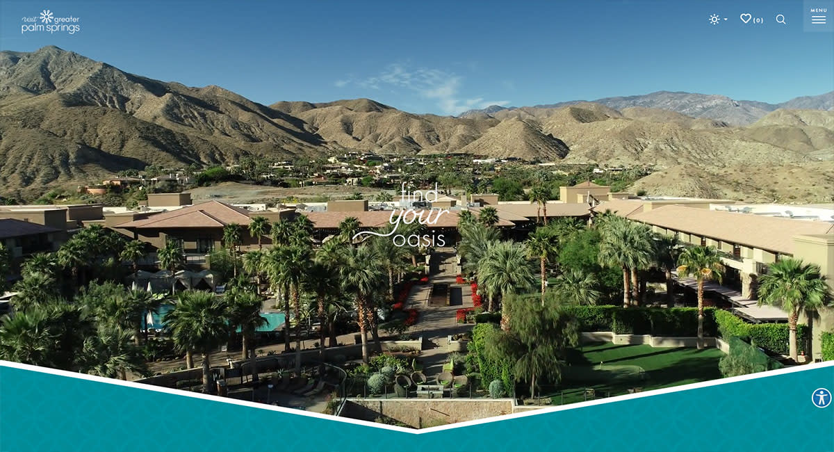 Visit Greater Palm Springs homepage capture of a neighborhood with find your oasis word overlay