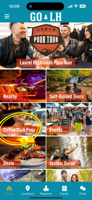 Mobile App with Coffee Club pass highlighted