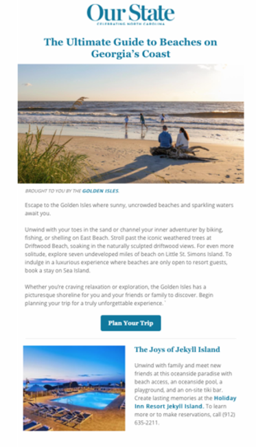 This is an example of a formatted co-op email with Our State Magazine.