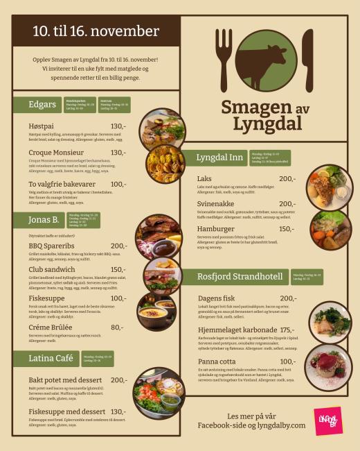 Plakat med meny og deltakende restauranter under Smagen av Lyngdal 2025, 10.–16. november.